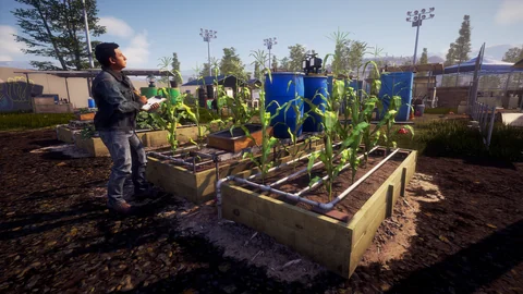 A survivor holds a clipboard beside raised crop beds, blue water barrels and irrigation pipes inside a fenced base.