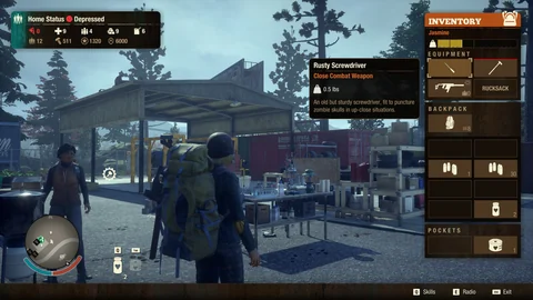 Jasmine’s inventory is open at a base, showing a Rusty Screwdriver, backpack slots, ammunition and a depressed home-status indicator.