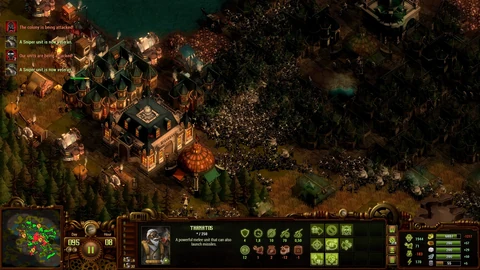 Infizierte überfluten ein Wohnviertel, während Angriffsmeldungen und Rohstoffdefizite auf der Oberfläche erscheinen.