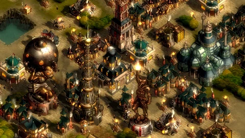 Große Steampunk-Wunder ragen über eine dichte Kolonie mit Wohnhäusern und leuchtenden Tesla-Türmen.
