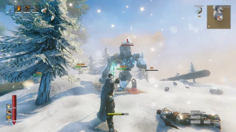 Mehrere benannte Spieler stellen sich einem Steingolem im Schnee; Nahrungs- und Ausdaueranzeigen sind sichtbar.