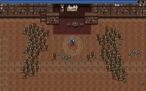 Eine Figur mit kreisförmiger Aura steht zwischen zwei herannahenden Gegnergruppen in einem Bibliothekskorridor.