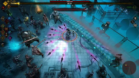 Three survivors fight beside laboratory cages as a red Decontamination Procedure Started warning spans the screen.