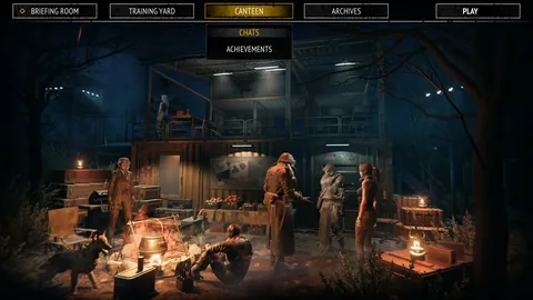 Survivors gather around a campfire beneath the Camp menu, with Canteen, Briefing Room and Training Yard tabs.