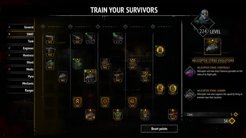 The SWAT skill tree highlights Helicopter Strike evolutions and shows five ranks, spent nodes and a Reset points button.