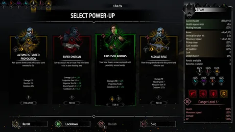The power-up screen offers a taunting turret evolution, Super Shotgun, Explosive Arrows and Assault Rifle, beside team statistics.