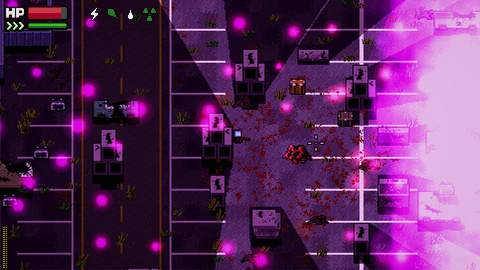 Jäger in einem dunklen Bauwerk voller violetter Anomalien, Geräte und Blutflecken.