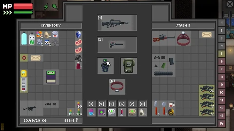 Inventar und Lager mit Waffen, Munition, Vorräten, Ausrüstungsplätzen und Gewichtsangabe.