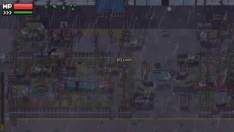 Jäger bei einer Beuteaufforderung zwischen Autowracks, Zäunen und Gebäuden im starken Regen.