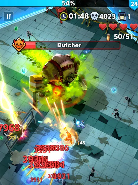 The Butcher boss advances through a tiled arena while the survivor fires among smaller enemies and damage numbers.