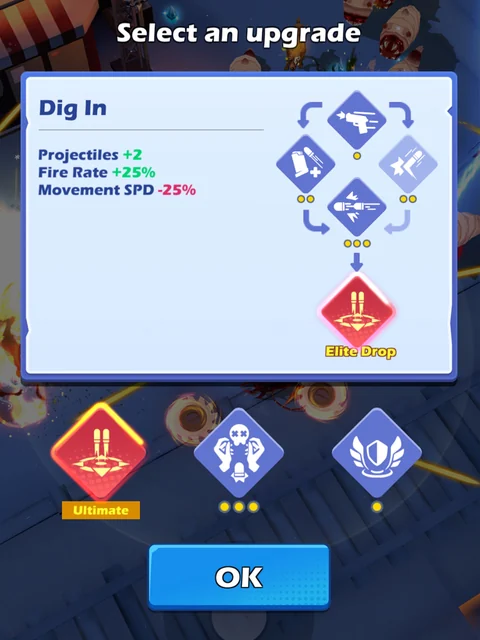 The Dig In upgrade interface shows extra projectiles and firing speed alongside a movement-speed penalty.