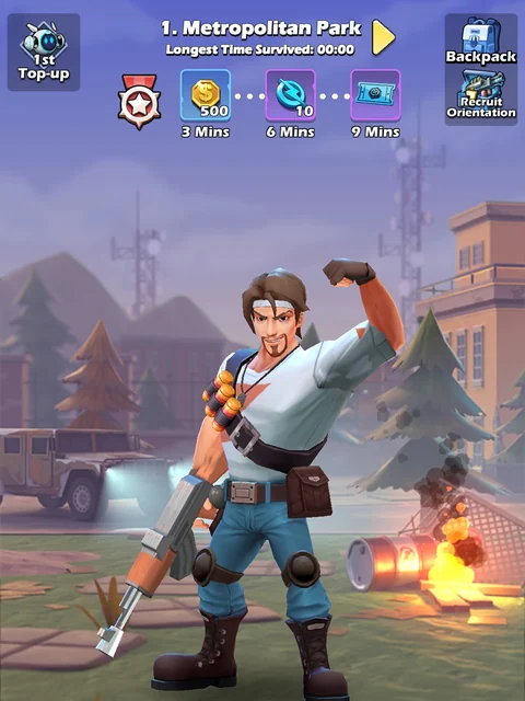 The Metropolitan Park stage lobby displays survival-time rewards, a survivor and a first-top-up shortcut.