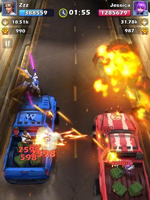 Blue and red vehicles exchange gunfire in a road duel beneath separate character panels and health values.